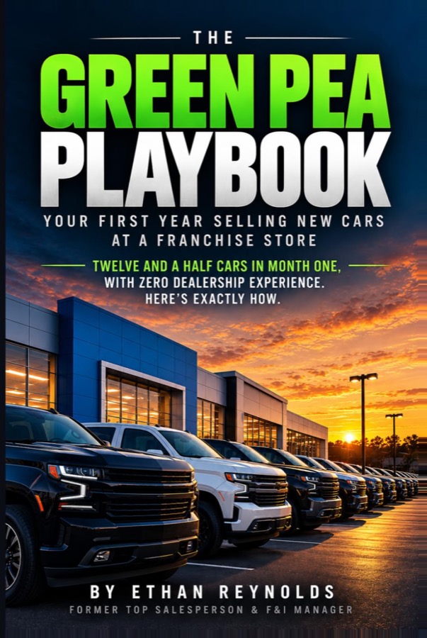 Cover of The Green Pea Playbook by Ethan Reynolds — a line of new trucks in front of a dealership at sunset